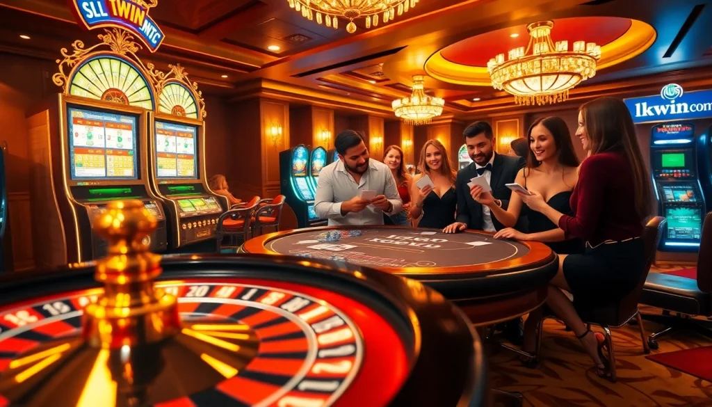 Experience excitement with kkwin.com at a vibrant casino scene with roulette and blackjack tables.