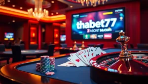 Exciting gameplay at thabet77.sa.com with poker chips and roulette wheel creating a thrilling casino atmosphere.