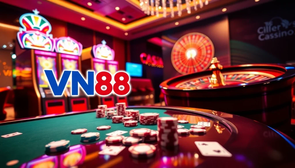 Experience high-stakes gaming at VN88 with vibrant slot machines and poker tables.