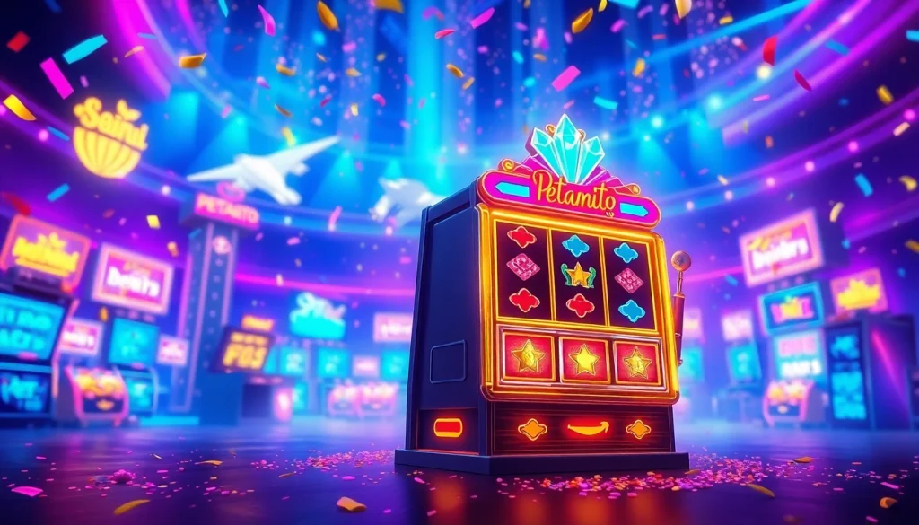 Permainan interaktif petanitoto dengan mesin slot bercahaya dan elemen digital menarik.