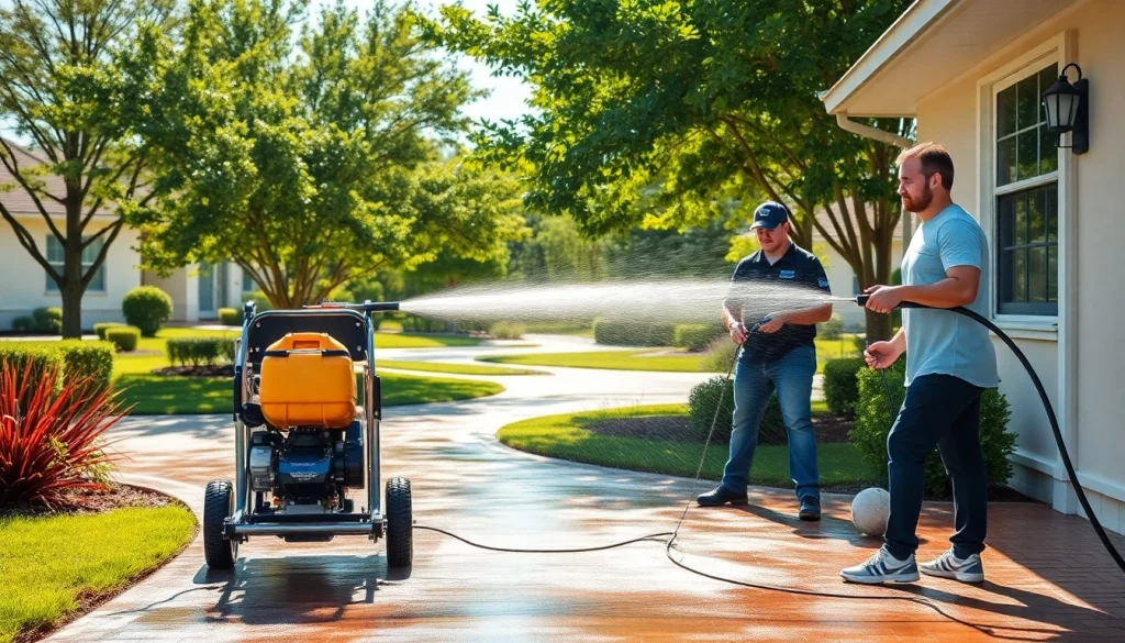 Pressure wash service revitalizing a residential home in Kissimmee, Florida with bright sunlight and clean surfaces.
