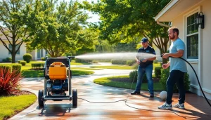 Pressure wash service revitalizing a residential home in Kissimmee, Florida with bright sunlight and clean surfaces.
