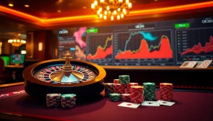 Experience thrilling gaming action at OK365 with vibrant roulette, poker chips, and online interfaces.