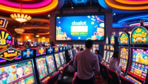 Engage in thrilling gaming action at the doaslot login interface amidst vibrant slot machines.