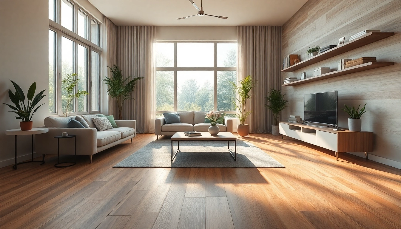 Salon magnifique avec un carrelage imitation parquet, alliant élégance et chaleur.