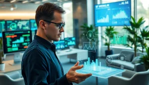 Engaging human interface with AI in a modern workspace showcasing collaborative technology.