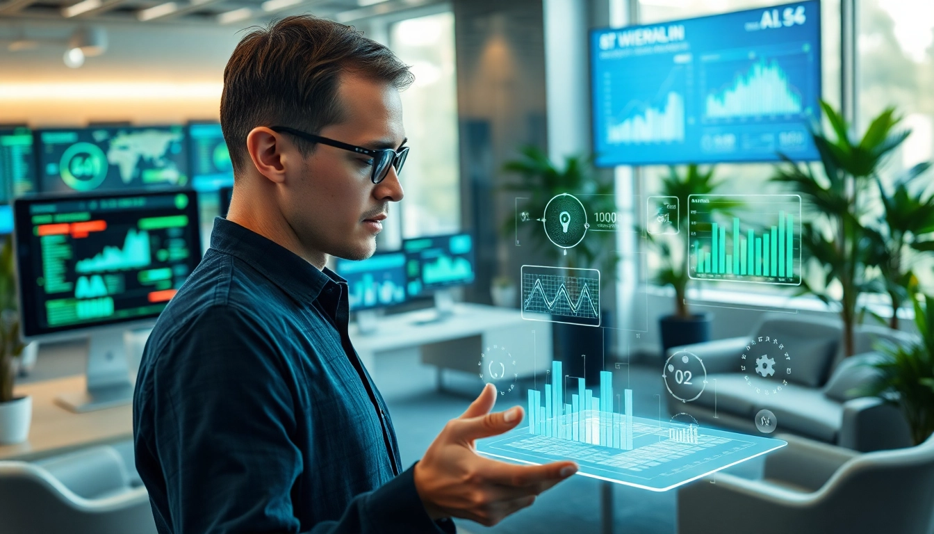 Engaging human interface with AI in a modern workspace showcasing collaborative technology.