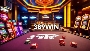 Experience thrilling gaming with 389WIN at a vibrant casino table surrounded by elegant slot machines.