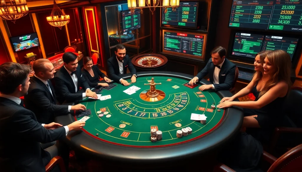 Players enjoying a thrilling baccarat game at https://jun88ld.com/, highlighted by stylish dealers and vibrant poker chips.