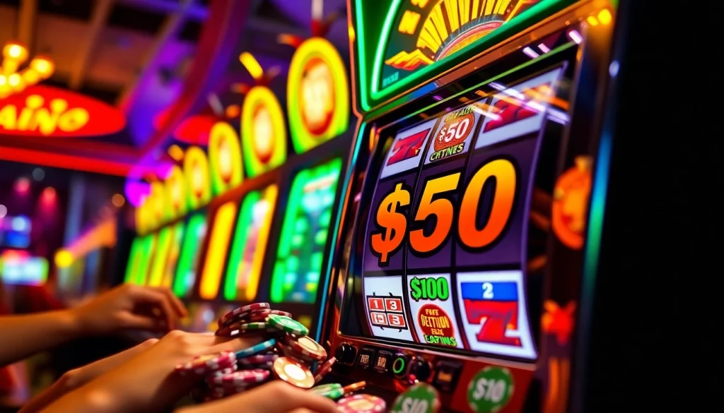 Slot bet 50 paling menguntungkan di mesin slot dengan suasana kasino yang meriah.