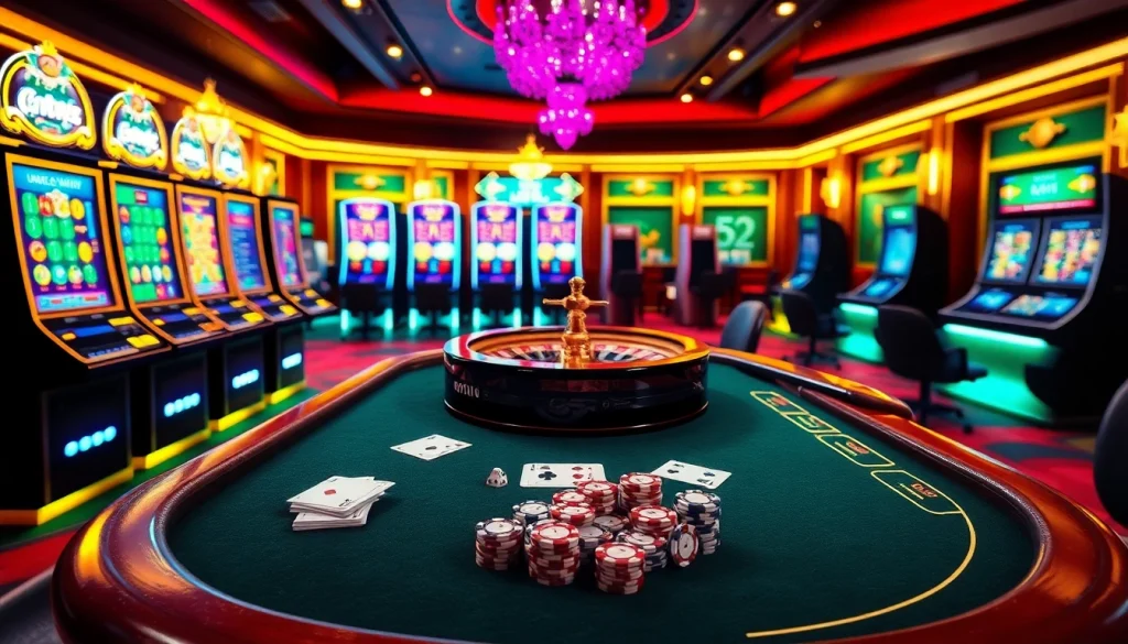 The online gambling experience at https://kjc.football/ featuring vibrant slot machines and a stylish poker table.