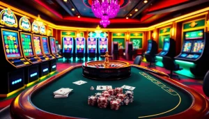 The online gambling experience at https://kjc.football/ featuring vibrant slot machines and a stylish poker table.