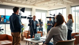 Creating engaging Corporate Video Production with a professional film crew in a vibrant office.