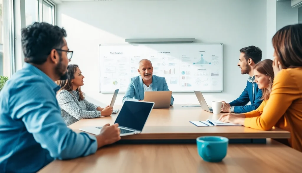 Crisis management consultant leading a strategic team meeting in a bright, modern office.