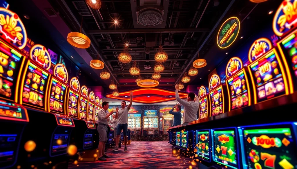 Exciting online gaming atmosphere featuring hoki138 pro with vibrant slot machines and celebrating players.