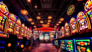 Exciting online gaming atmosphere featuring hoki138 pro with vibrant slot machines and celebrating players.