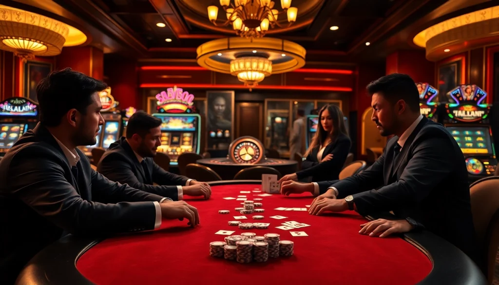 Exciting gambling scene showcasing a high-stakes poker game at EV88 casino with rich ambiance.