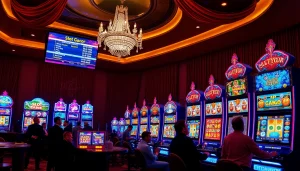 Slot Gacor players winning at vibrant slot machines in a luxury casino environment.
