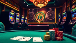 Khela88 bet scene with poker tables, roulette wheels, and vibrant slot machines.