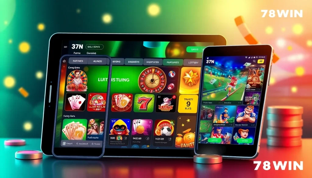 Exciting digital illustration showcasing the brand 78WIN, an online casino platform with diverse gaming options.