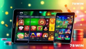 Exciting digital illustration showcasing the brand 78WIN, an online casino platform with diverse gaming options.