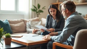 Reviewing Property Insurance Claims paperwork with a homeowner in a cozy setting.
