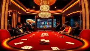 Exciting gambling at the poker table featuring here and now casino elements like cards and poker chips.