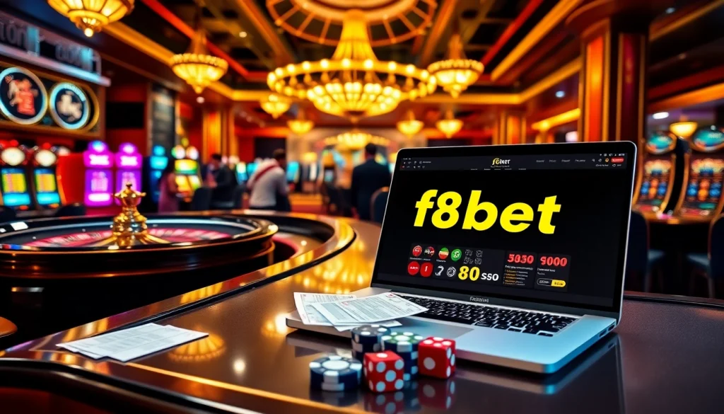 F8bet trang chủ gaming experience with roulette and blackjack tables showcasing luxury and excitement.