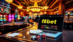 F8bet trang chủ gaming experience with roulette and blackjack tables showcasing luxury and excitement.