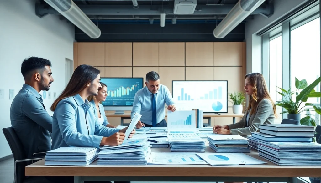 VAT Return Filing professionals collaborating in a modern auditing office.