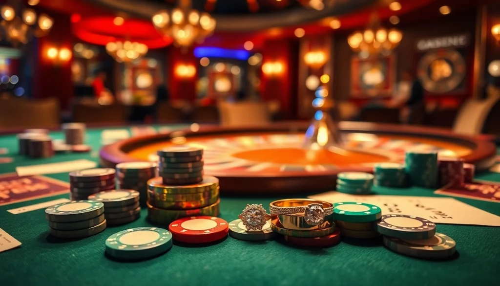 Glamorous casino table featuring求婚戒指 amidst sparkling diamonds and colorful poker chips.