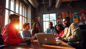 Hip hop PR firm team brainstorming campaign strategies in a modern office setting.