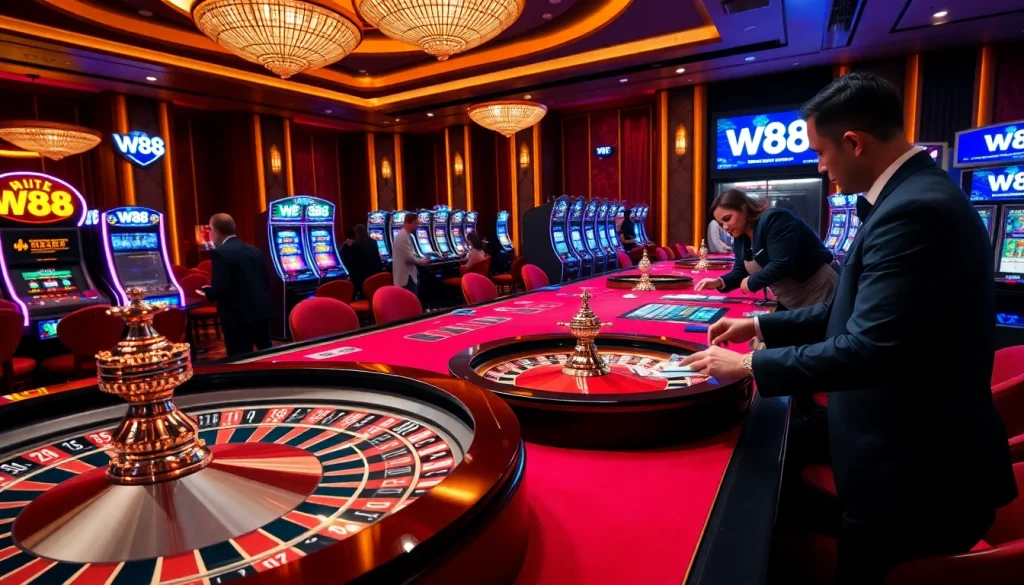 Experience thrilling bets at W88 casino, featuring vibrant gameplay and stunning table layouts.