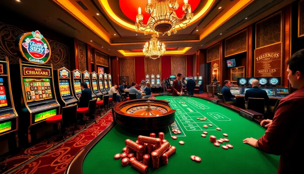Experience excitement at jeetbuzz ক্যাসিনো with vibrant slot machines and players at the roulette table.