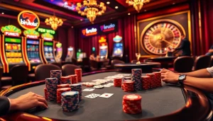 Engaging gamblers at a poker table in a luxurious casino, featuring birutoto-themed elements.