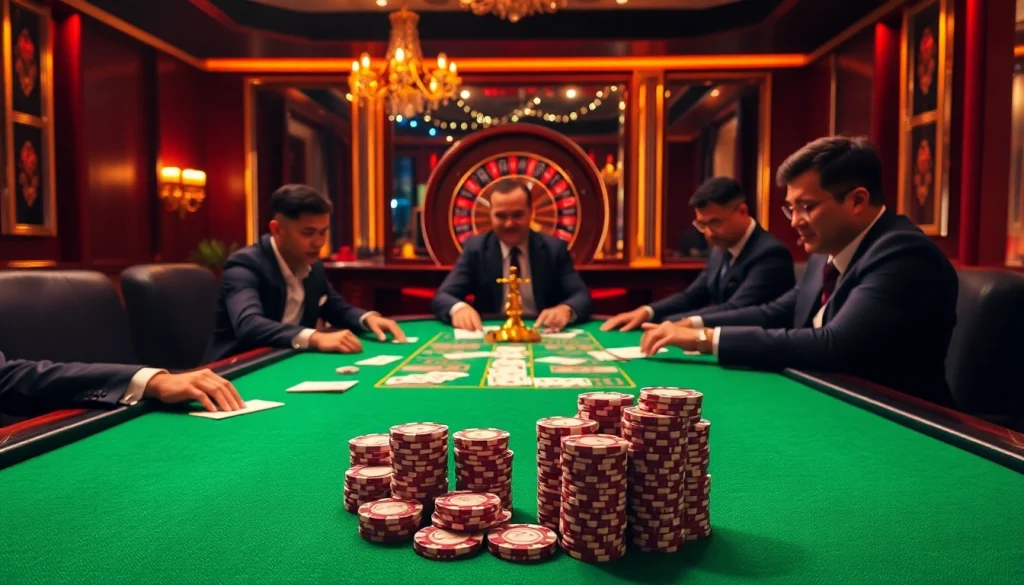 Professional players strategize at a poker table, experiencing excitement at nhà cái shbet.
