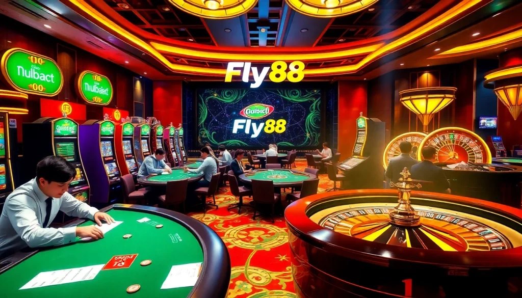 Experience thrilling action at Nhà cái Fly88 with poker tables and vibrant casino games.