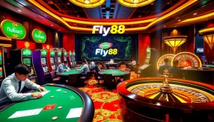 Experience thrilling action at Nhà cái Fly88 with poker tables and vibrant casino games.