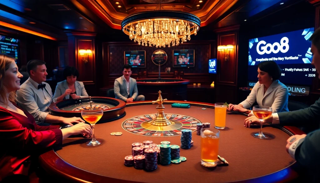 Experience the thrill of Go8 gaming with vibrant casino tables, cards, and excited players.