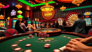 Players gambling at the SN888 tables, engaging in intense blackjack and slot machine action.