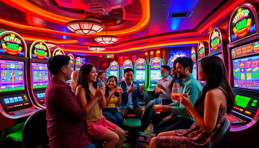 Players celebrating wins at a Situs Slot Gacor with vibrant slot machines and thrilling casino atmosphere.