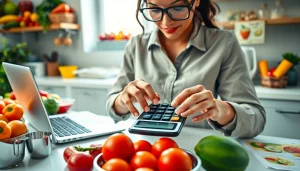 Calculate daily caloric needs with a professional using a calorie calculator in a bright kitchen.