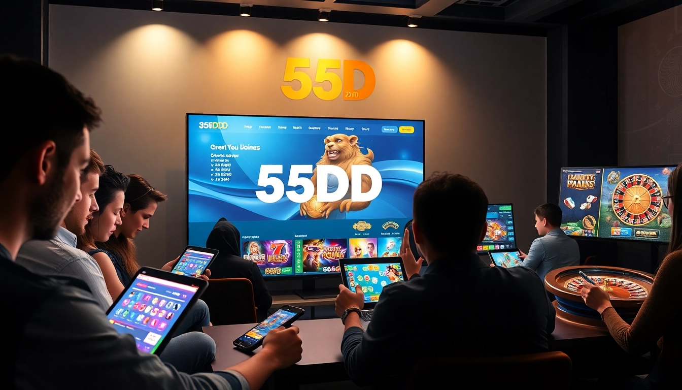 Engaging scene of diverse players using 55DD for online betting, showcasing excitement and modern design.