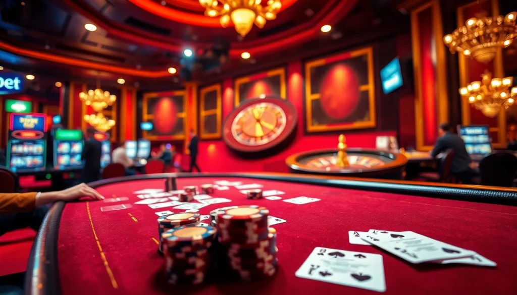 Experience THABET excitement at a luxurious casino gaming table with poker chips and roulette.