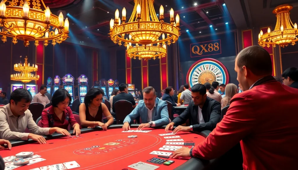 High-stakes poker game at QQ88 casino, showcasing players and vibrant slot machines.