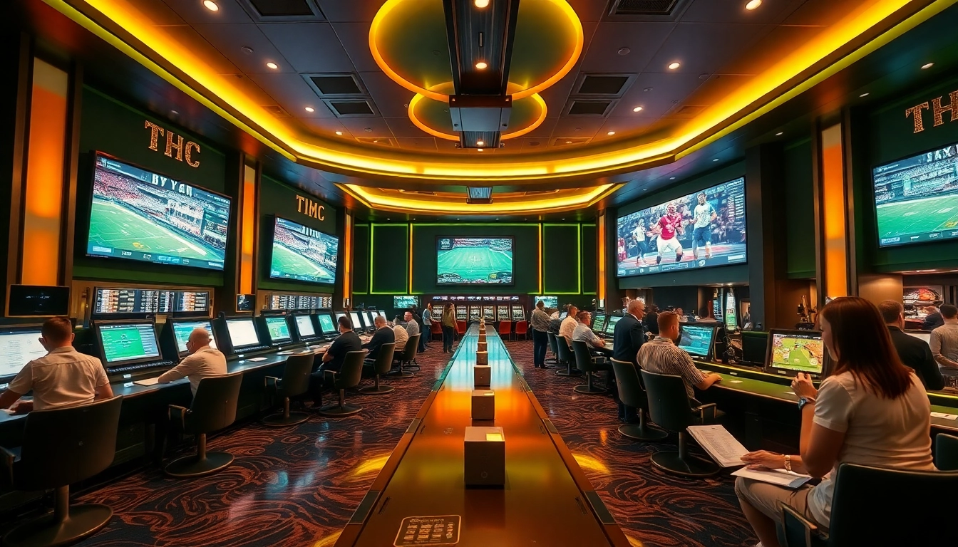 Experience the thrill of sportsbook betting with lively screens and enthusiastic gamblers.