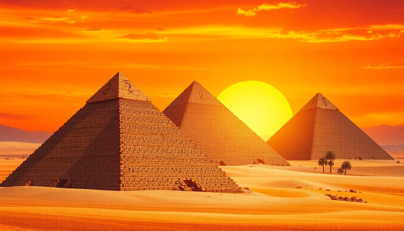 Explore the stunning pyramids with smooth stone surfaces and vivid sunset, highlighting piraminds.