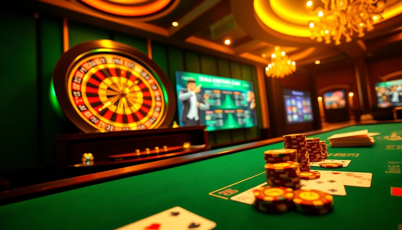 Experience thrilling gaming at s666hn.com with an elegant casino table, roulette wheel, and poker chips.