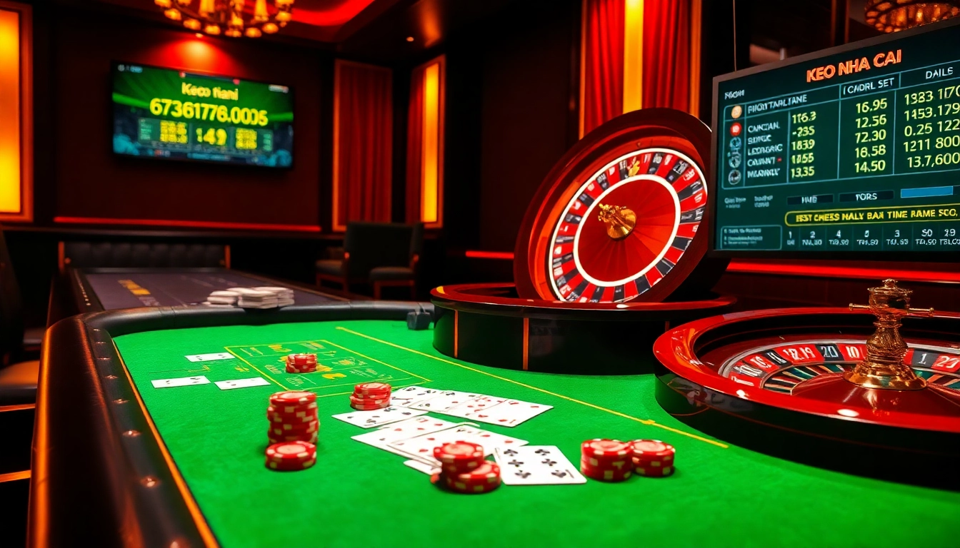 Engaging gambling scene featuring keo nha cai odds on a casino table with chips and cards.