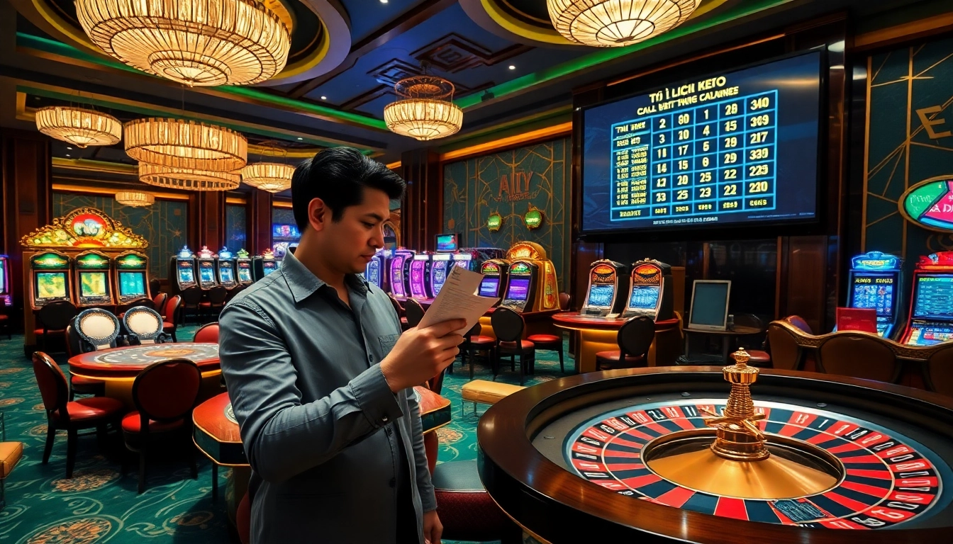 Gambler analyzing tỷ lệ kèo at a luxurious casino with vibrant gaming tables.